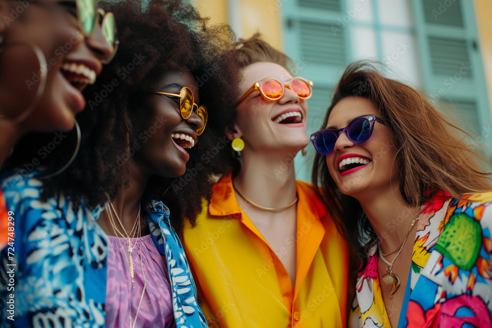 Group of cheerful friends having fun. Multi-ethnic people having a get together outdoors. Group of happy friends in bright colored casual wear standing and laughing Group of cheerful friends having fun. Multi-ethnic people having a get together outdoors. Group of happy friends in bright colored casual wear standing and laughing