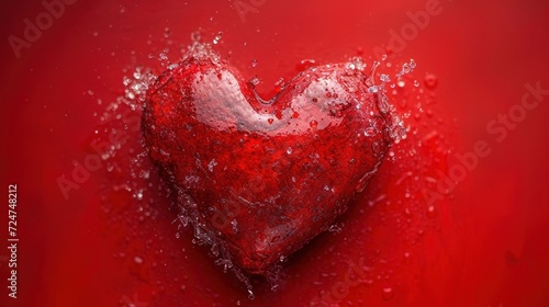  a red heart on a red background with drops of water on the heart and the word love written in the middle of the heart is surrounded by drops of water.