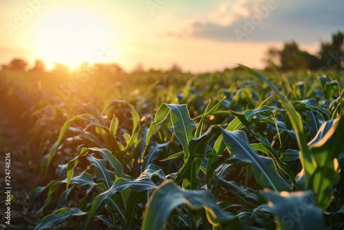 Corn field at sunset. Agricultural business concept. 