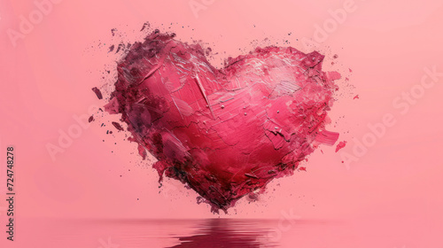  a heart shaped object floating on top of a body of water in front of a pink background with a reflection of the object in the middle of the image of the heart.