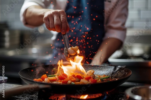A skilled chef expertly controls the fiery heat of their wok, creating a mouth-watering dish in the cozy confines of their indoor kitchen