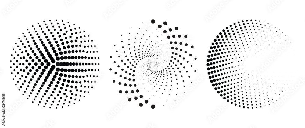 Halftone dot pattern vector set. Monochrome gradient dotted modern texture and fade distressed overlay. Radial design for poster, cover, banner, business card, mock-up, sticker, layout, backdrop.