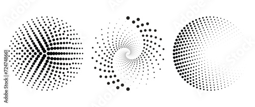 Halftone dot pattern vector set. Monochrome gradient dotted modern texture and fade distressed overlay. Radial design for poster, cover, banner, business card, mock-up, sticker, layout, backdrop.