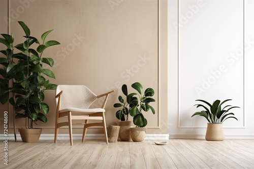 Mockup of a flat wall inside with a minimalist chair and a green houseplant in a pot. Background with earthy neutral tones. Light and airy interior with a wooden floor