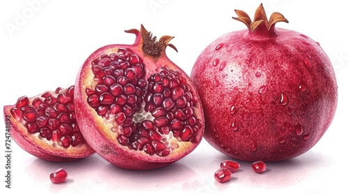  a pomegranate cut in half on a white background with drops of water on the pomegranate and the whole pomegranate still attached to the pomegranate.