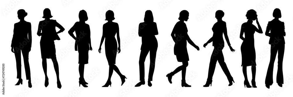 Collection of business women silhouettes. Vector illustration isolated black on white background.