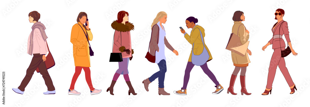 Obraz premium Vector set of different women walking in profile. Female cartoon characters. Wearing casual street fashion clothes. Vector illustration. Isolated on white background.