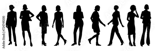 Collection of business women silhouettes. Vector illustration isolated black on white background.
