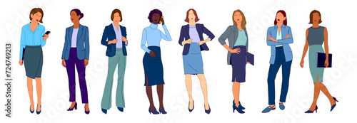 Set of elegant businesswomen wearing smart casual outfit. Collection of handsome male characters different races, body types. Vector flat realistic illustration isolated on white background.