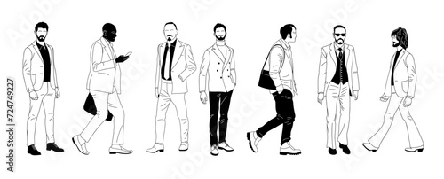 Black and white set of elegant businessmen wearing smart casual outfit. Collection of handsome male characters different races, body types. Vector flat illustration isolated on white background.