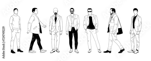 Black and white set of elegant businessmen wearing smart casual outfit. Collection of handsome male characters different races, body types. Vector flat illustration isolated on white background.