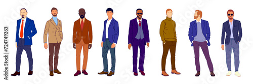Set of elegant businessmen wearing smart casual outfit. Collection of handsome male characters different races, body types. Vector flat realistic illustration isolated on white background.