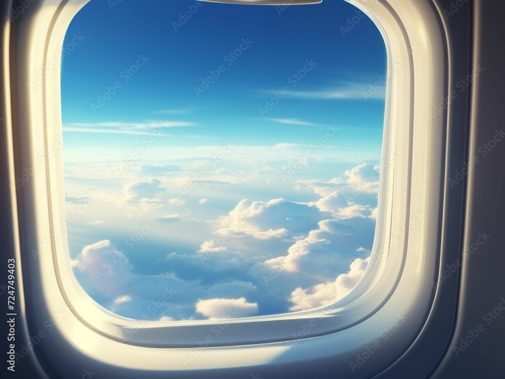 the camera view from the plane window , the
blue sky and big clouds in sunlight very
beautiful