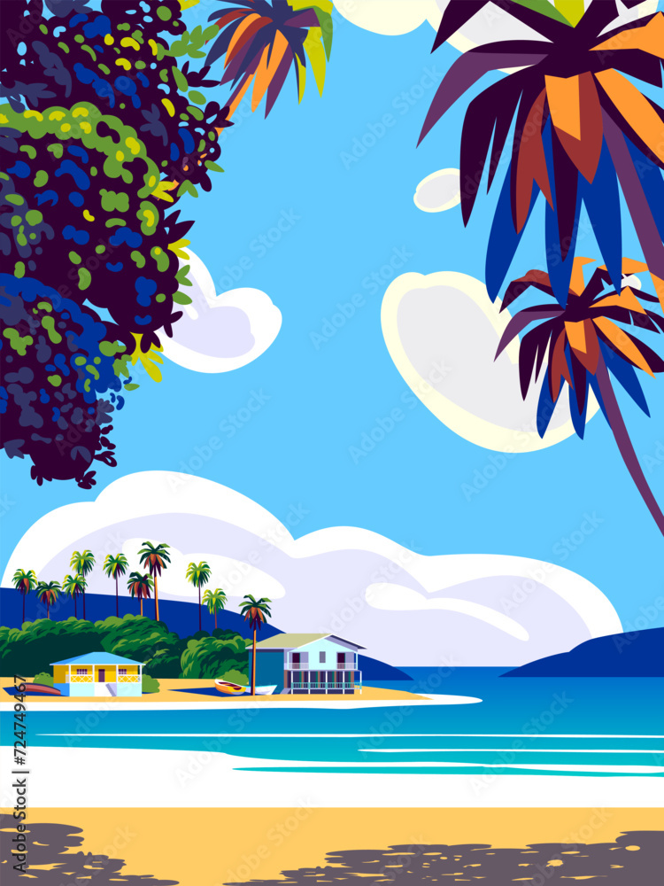 Tropical caribbean landscape with traditional houses, palms, sea and island in the background. Handmade drawing vector illustration. 
