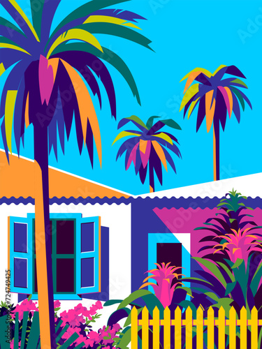 Beautiful caribbean landscape with bungalows, palms, and flower garden in the background. Handmade drawing vector illustration. Caribbean style poster.