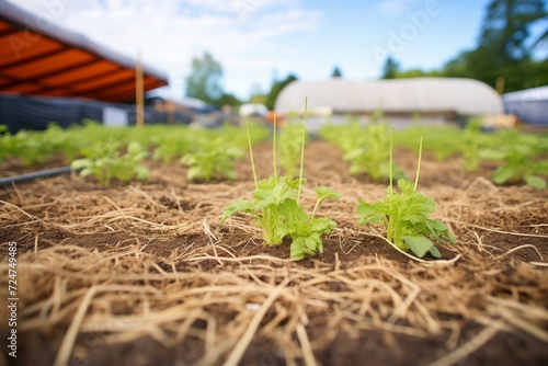 hay mulch spread around young vegetable plants