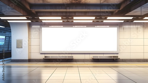 Blank horizontal big poster in public place. Billboard mockup on subway station. 3D rendering © Muzikitooo