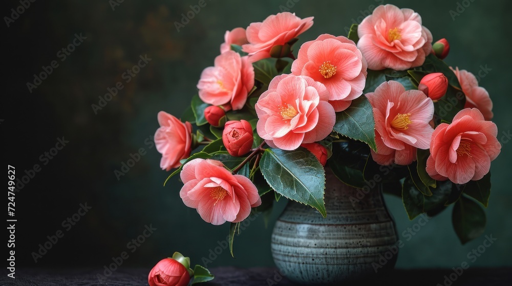 a vase filled with lots of pink flowers on top of a black cloth covered table next to a vase filled with lots of pink flowers on top of green cloth. a vase filled with lots of pink flowers on top of a black cloth covered table next to a vase filled with lots of pink flowers on top of green cloth.