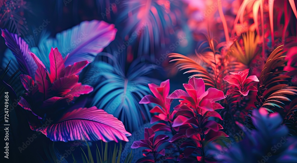 Neon light casting an enchanting glow on tropical foliage and monstera leaves.