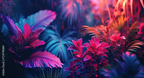 Neon light casting an enchanting glow on tropical foliage and monstera leaves.