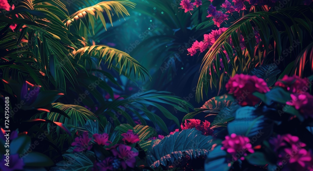 Neon light casting an enchanting glow on tropical foliage and monstera leaves. Neon light casting an enchanting glow on tropical foliage and monstera leaves.