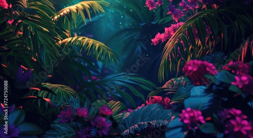 Neon light casting an enchanting glow on tropical foliage and monstera leaves.