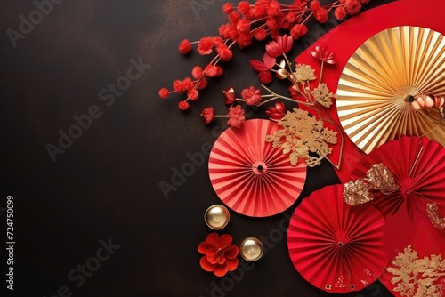 Flat lay of accessories Chinese new year  paper fans top view copy space