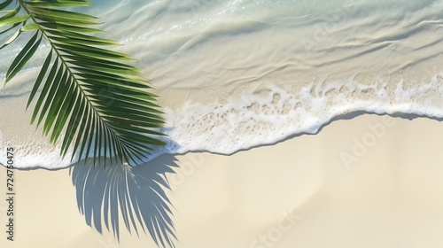 Tropical palm leaf shadow on water surface of white sand beach, abstract summer vacation background