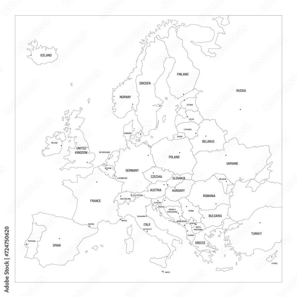 Political map of Europe. Blue colored vector map with capital cities of european countries.