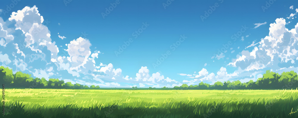 Beautiful grassy fields under a summer blue sky with fluffy white clouds blowing in the wind. Wide format image captures the sky behind a green field, creating a serene landscape of anime backgrounds.