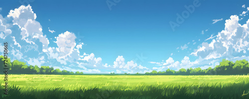 Beautiful grassy fields under a summer blue sky with fluffy white clouds blowing in the wind. Wide format image captures the sky behind a green field  creating a serene landscape of anime backgrounds.