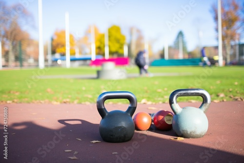 outdoor kettlebells in a grassy fitness area