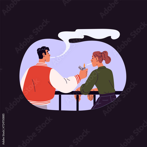 Smokers standing on balcony, leaned the railings. People smoke cigarettes, friend lights cig with lighter, exhales tobacco fume. Nicotine addiction. Harmful habit. Flat isolated vector illustration