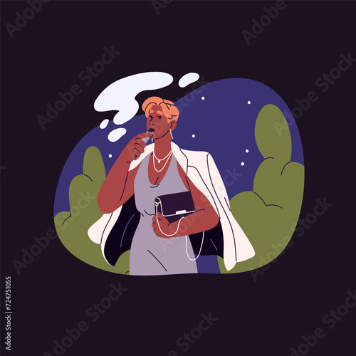 Business woman vaper inhaling flavor fume, vapor. Businesswoman smoker vaping e cigs, smokes electronic cigarette. Girl strolls in evening. Nicotine addiction. Flat isolated vector illustration