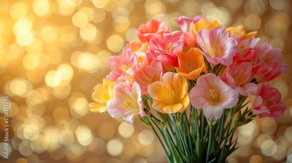  a bunch of pink and yellow flowers in a vase on a table with a blurry background of yellow and pink flowers in a vase on a table in the foreground.