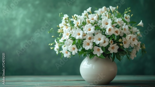  a white vase filled with white flowers sitting on top of a wooden table with a green wall in the back ground and a green wall behind the vase with white flowers.