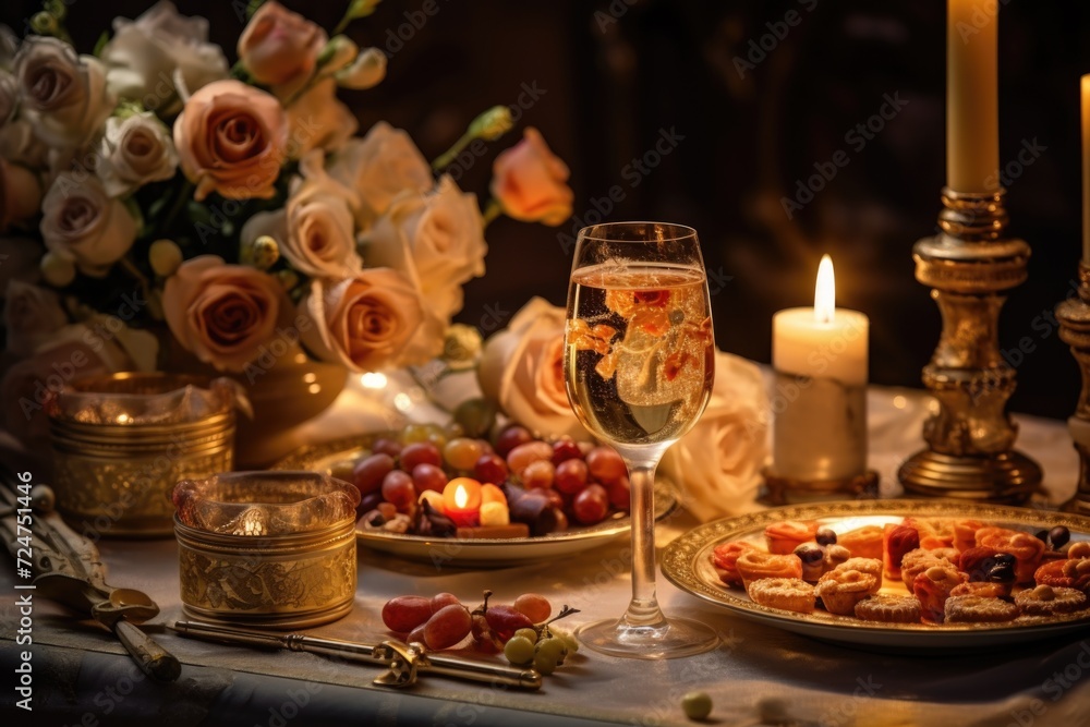 A table with plates of food and a glass of wine. Suitable for restaurant menus or food-related designs