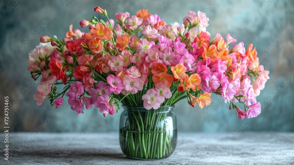 a glass vase filled with lots of pink and orange flowers on top of a white table next to a green vase filled with pink and orange flowers on the side. a glass vase filled with lots of pink and orange flowers on top of a white table next to a green vase filled with pink and orange flowers on the side.