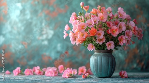  a vase filled with pink flowers sitting on top of a table next to a pile of pink flowers on top of a blue table cloth covered in front of a blue background.