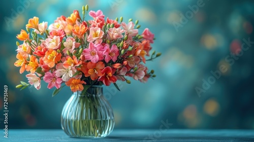  a vase filled with colorful flowers sitting on top of a blue tablecloth next to a blue and green wall with a blurry background of boke of lights.