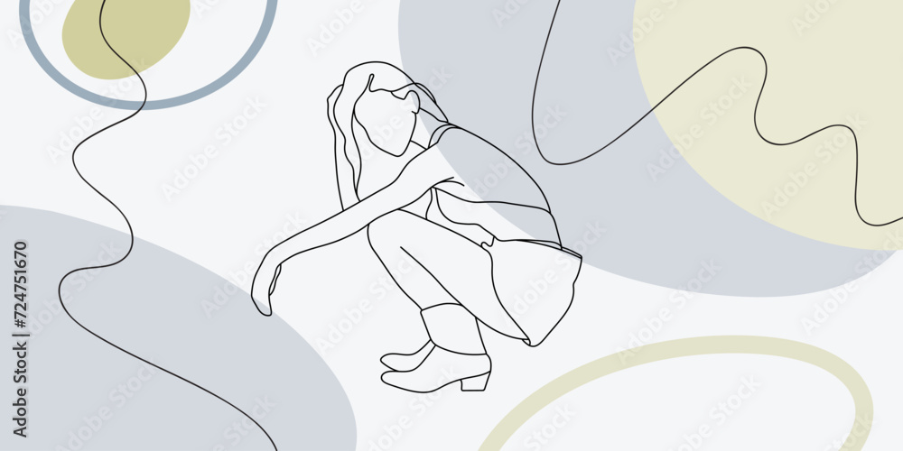 Woman body with fashionable stylish templates. Line art abstract yellow and blue shapes and lines in pastel colors. Neutral background in a minimalist style. Modern vector illustration Woman body with fashionable stylish templates. Line art abstract yellow and blue shapes and lines in pastel colors. Neutral background in a minimalist style. Modern vector illustration