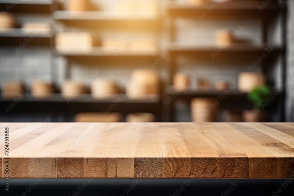 Wood table with blank copy space for a mockup of a product display in a modern restaurant or coffee shop's fuzzy background. Concept for a restaurant counter's interior design