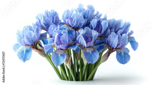  a close up of a bunch of blue flowers in a vase with water droplets on the bottom of the flowers and the stems in the middle of the stems  on a white background.