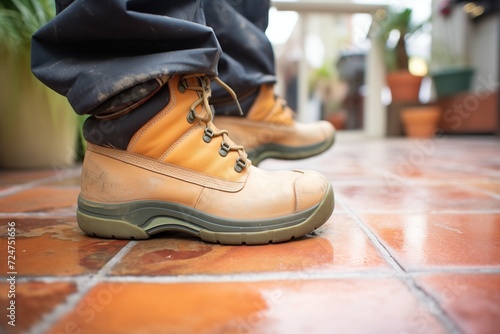 foot in waterproof boot standing on freshly pressure washed tile
