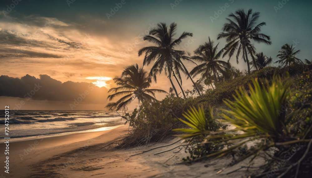 Dzika, tropikalna plaża, zachód słońca. Generative AI - obrazy, fototapety, plakaty 