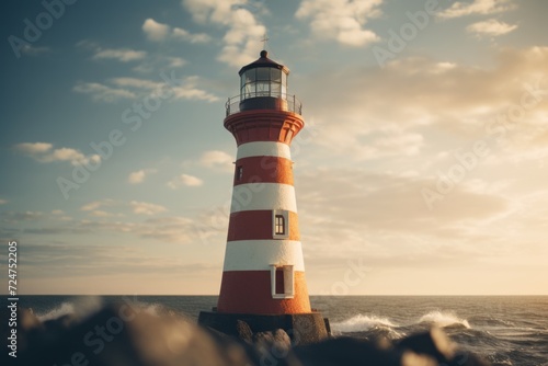 A picturesque red and white lighthouse perched on top of a rugged rock. Perfect for coastal landscapes and travel destinations