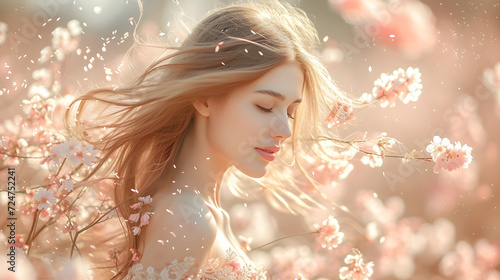 A joyful young girl dances among spring flowers and swirling peach fuzz in nature.