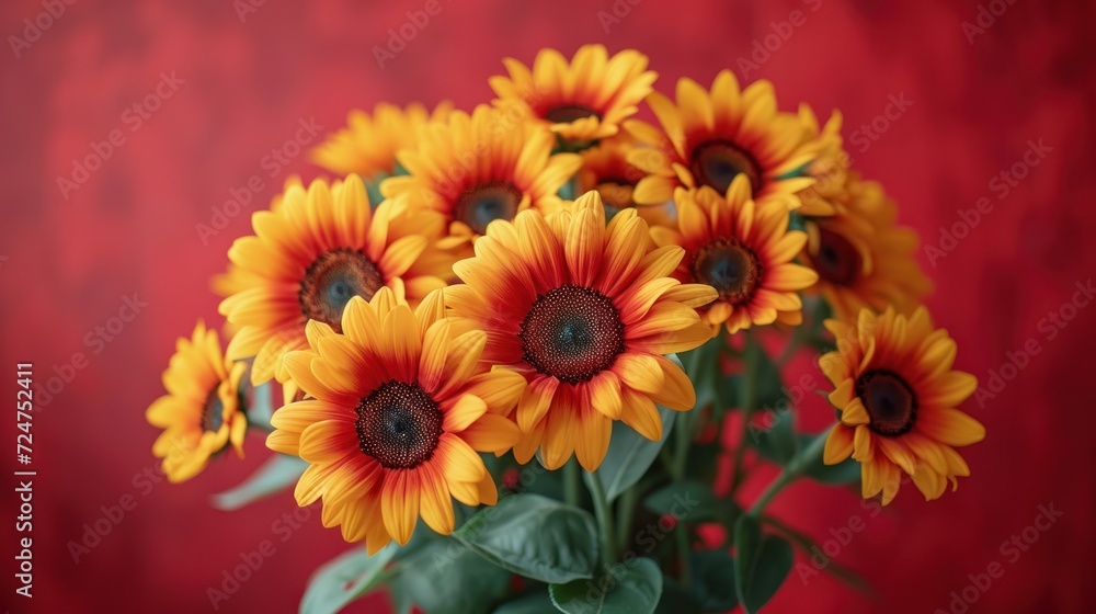 a vase filled with yellow sunflowers on top of a red cloth covered table next to a vase of red and yellow flowers on the side of a red wall. a vase filled with yellow sunflowers on top of a red cloth covered table next to a vase of red and yellow flowers on the side of a red wall.