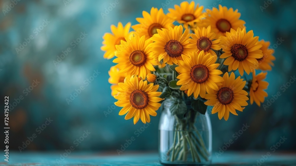 Fototapeta premium a vase filled with yellow sunflowers sitting on top of a blue table next to a teal colored wall and a blue wall behind the vase is a vase with a bouquet of yellow sunflowers.