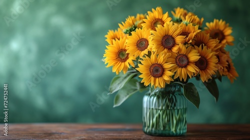  a vase filled with yellow sunflowers sitting on top of a wooden table with a green wall in the backgroung of the room in the background.